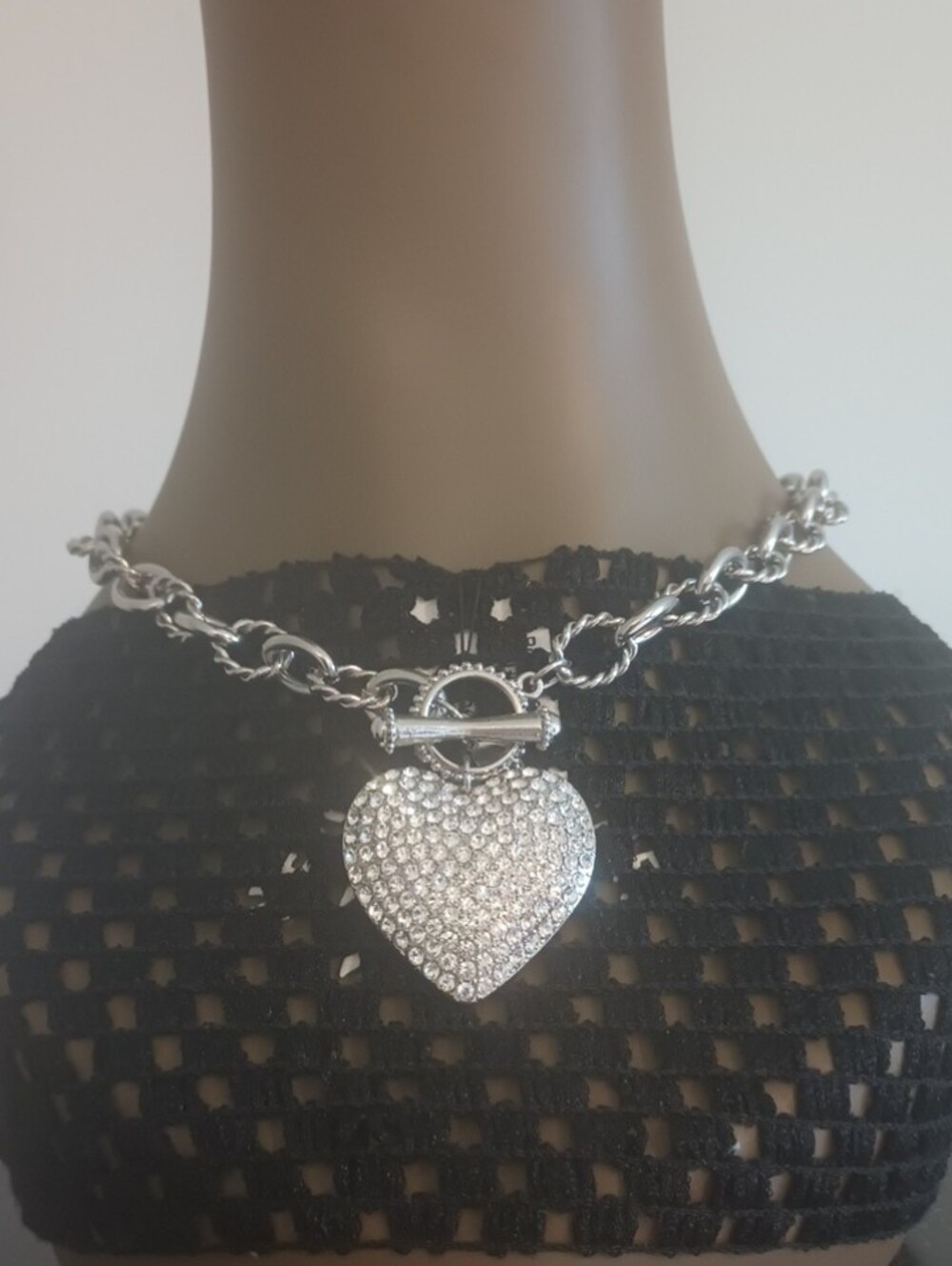 Traci Lynn Sparkling Silver Heart Toggle Necklace